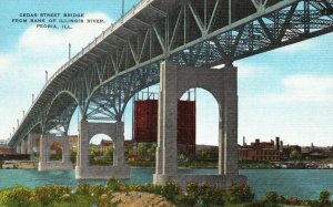 Vintage Postcard 1930's Cedar Street Bridge From Bank Of Illinois River Peoria