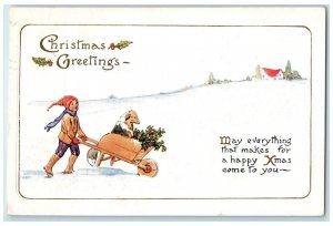 Christmas Greetings Boy Pushing Cart Dog Berries Winter Springfield IL Postcard