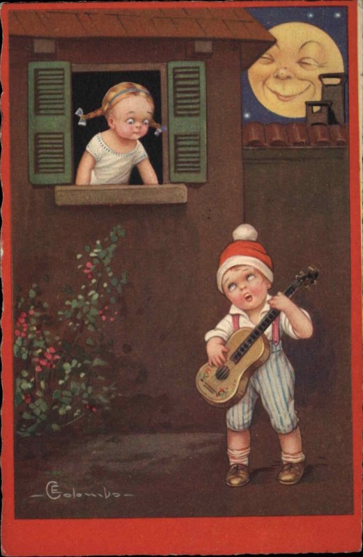 Columbo Boy Serenades Little Girl Guitar Singing c1910 Vintage Postcard