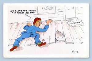 Comic Drunk Guy Thinks Porch is a Fence UNP Chrome Postcard Q12