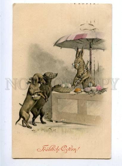 160599 EASTER Dog DACHSHUND Seller RABBIT Hare PARASOL Vintage