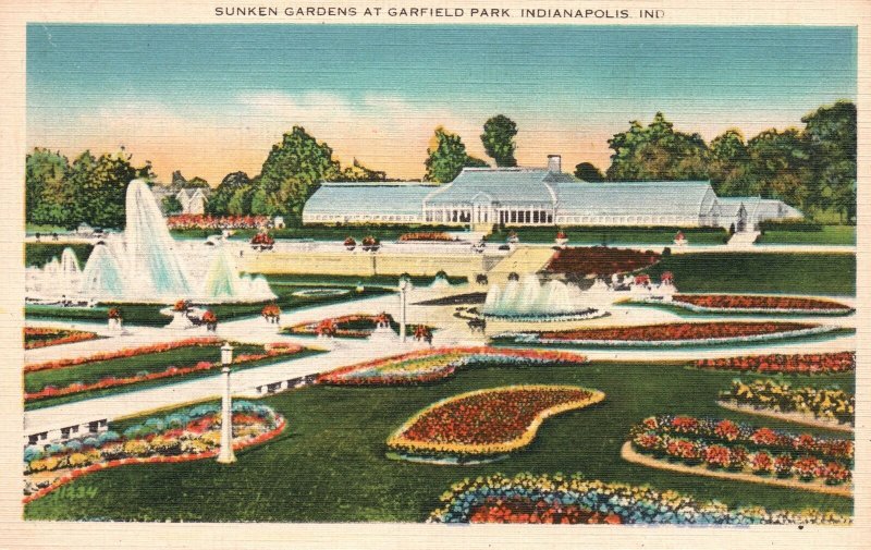 Vintage Postcard 1920's Sunken Gardens Fountains Garfield Park Indianapolis IND