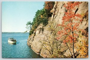 Wisconsin Dells~Autumn Trees on Witches Cliffs~Excursion Boat in Gulch~1950s PC
