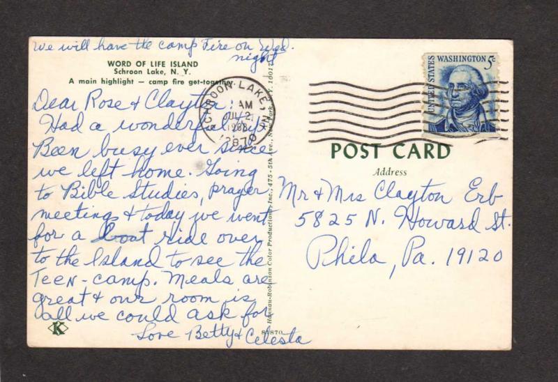 NY Word of Life Island Schroon Lake New York Postcard Bonfire Camp Fire