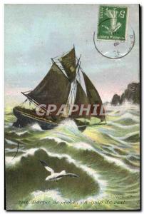 Postcard Old boat Sailboat Small boat fishing a gale