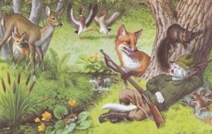 Fox Hunting Hunter Sleeping & Animals Stealing His Gun Vintage Comic Postcard