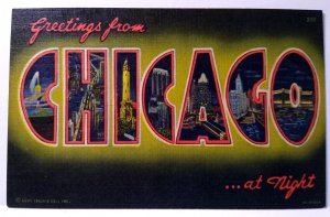 Greetings From Chicago At Night Illinois Large Letter Postcard Linen Curt Teich