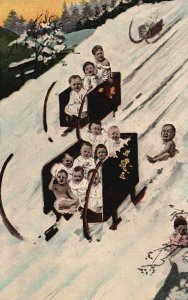 Vintage Postcard Children Sliding on Snow Playing Infants Babies