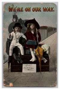 Postcard We're On Our Way Kids Just Married Train Vintage Standard View Card 