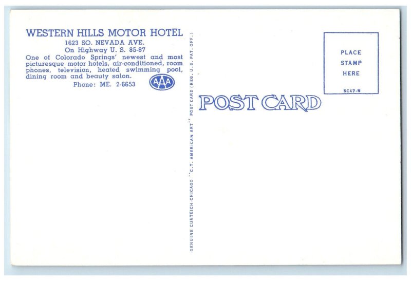 c1950's Western Hills Motor Hotel Colorado Springs Colorado CO Postcard 