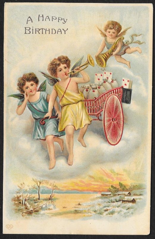 Happy Birthday Angels Flying With Cart Used c1910s