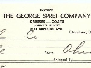 1939 THE GEORGE SPREI COMPANY CLEVELAND OH DRESSES COATS BILLHEAD INVOICE Z2716