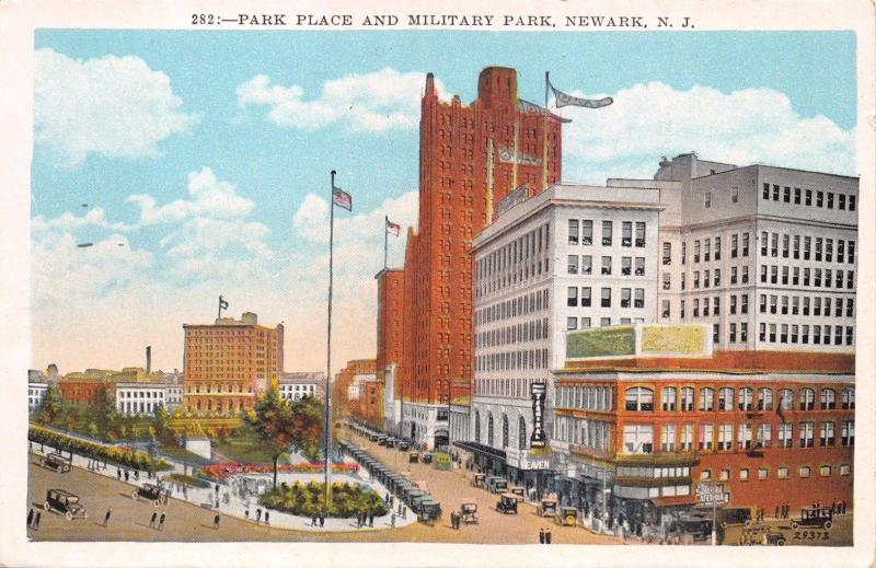 NEWARK NEW JERSEY~PARK PLACE AND MILITARY PARK~MANHATTAN CARD CO. POSTCARD 1920s