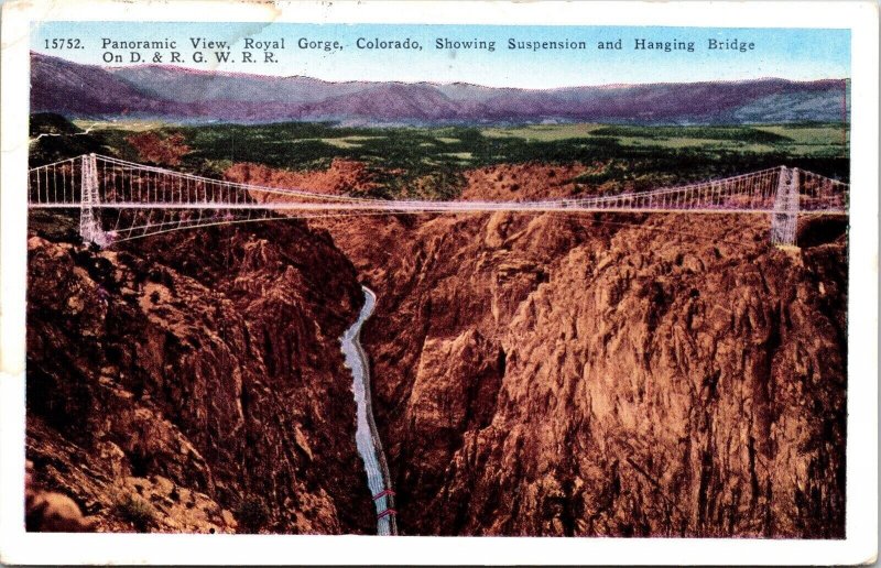 Royal Gorge Colorado Hanging Bridge Panoramic View WB Cancel WOB Postcard 