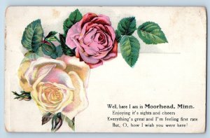 Moorhead Minnesota Postcard Roses Flower Embossed Leaves c1909 Vintage Antique