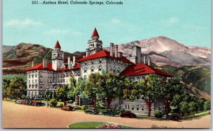 Antlers Hotel Colorado Springs Colorado Downton Peaks Towering Behind Postcard