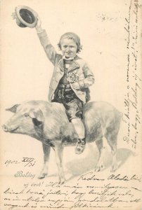 B581 New year antique greetings postcard boy riding luck pig Hungary 1902