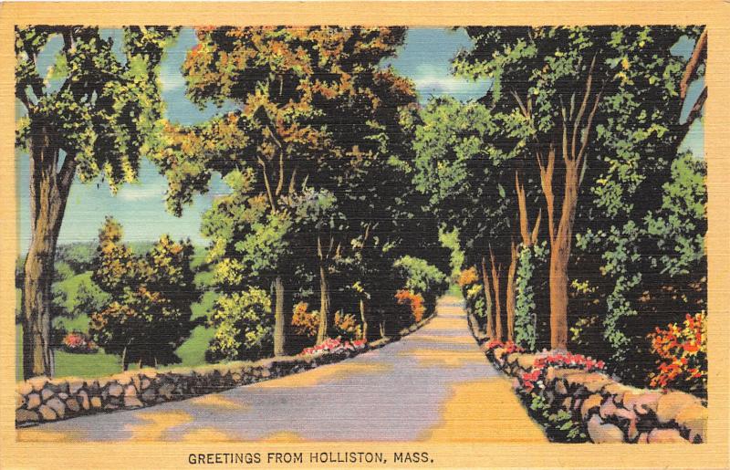 Holliston Massachusetts~Quiet Country Road Scene~Trees-Flowers~1940s Linen 