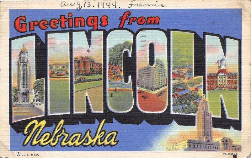 Lincoln Nebraska Large Letter Linen~Scenes in Letters~1944 Postcard