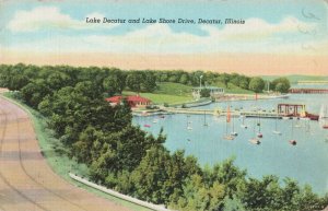Postcard IL Decatur Illinois Lake Decatur Lake Shore Drive Sailboats Pavilion A8