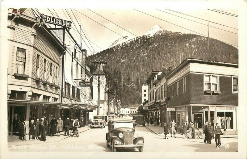 Schallerer RPPC S225 Mission Street Ketchikan AK Coliseum Theatre Business Signs