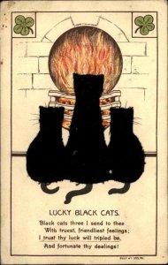 Lucky Black Cats Felt Novelty Fireplace Poem c1910 Vintage Postcard