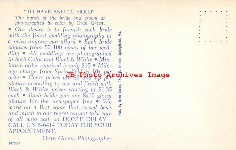 Advertising Postcard, Oran Green Wedding Photographer, Springfield MO