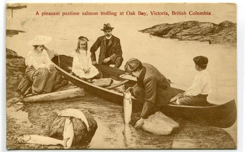 Salmon Trolling Canoe Oak Bay Victoria BC Canada 1910 postcard