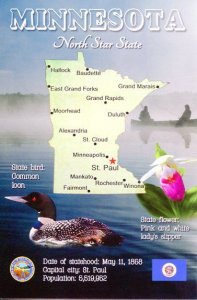 MINNESOTA Map Postcard - The North Star State -  State Symbols
