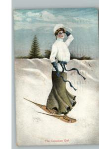 Canadian Girl Snowshoes c1910 Postcard