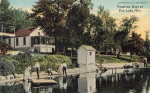 Fox Lake WI Beach area Fishing Cottages, Postcard