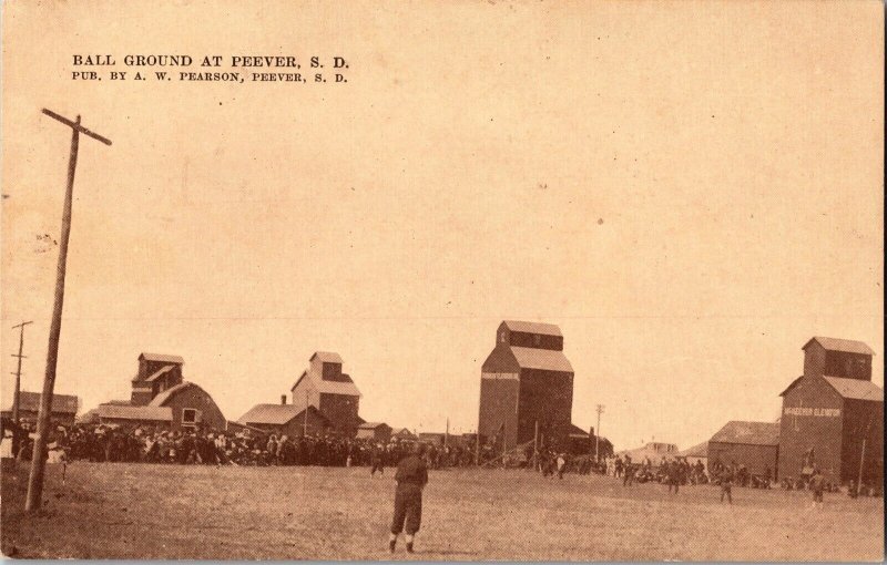 Baseball Grounds at Peever SD, Grain Elevators Vintage Postcard K70 