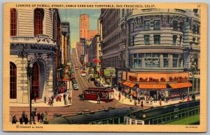 San Francisco California 1940 Postcard Up Powell Street Cable Car Owl Drug Store 