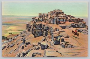 Postcard Walpi Arizona AZ Hopi Village Mesa Rock Horse 1940s Linen View