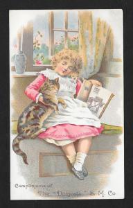 VICTORIAN TRADE CARD Domestic Sewing Machine Girl with Cat