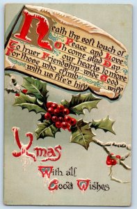 1910 Christmas Message Holly Berries Embossed Rising Sun Maryland MD Postcard