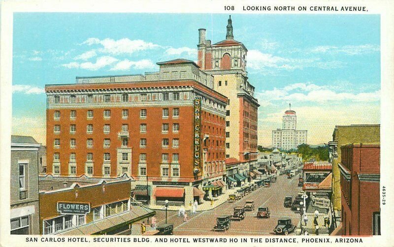 Arizona Phoenix San Carlos Hotel autos air view Westward Ho Postcard 22-2864