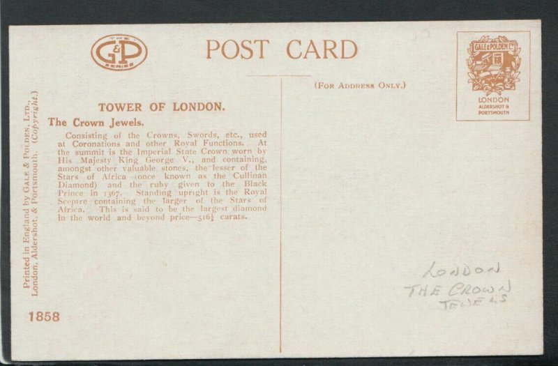 London Postcard - The Crown Jewels, The Tower of London    RS16585
