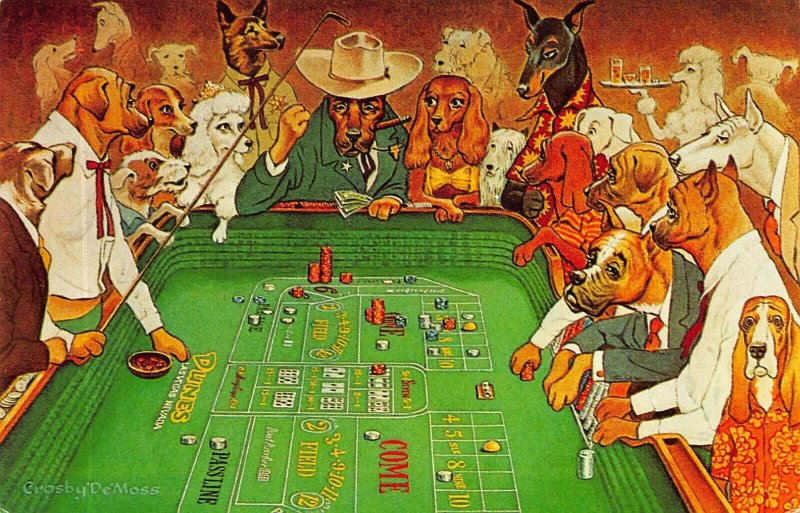 Las Vegas NV Dunes Casino Dogs Shooting Craps by Crosby 'De' Moss Postcard