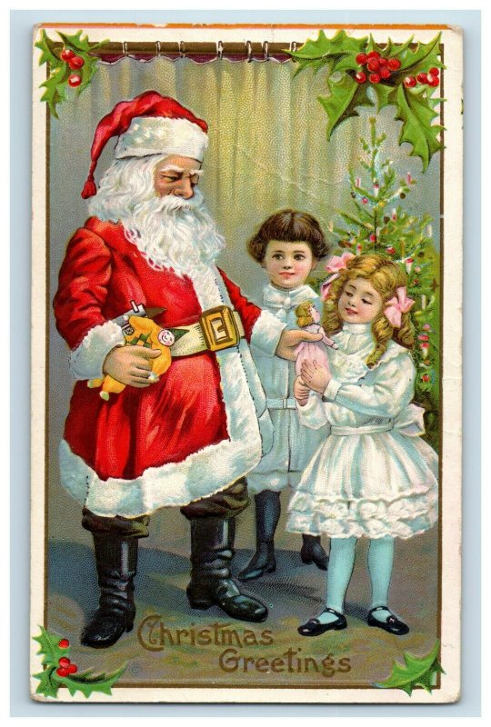 C. 1910 Santa Claus Girls Dolls Christmas Tree Postcard P66