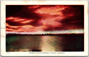 1915 Sunset on Lake Minnequa Pueblo Colorado Posted Postcard