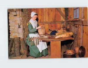 Postcard Woman Weaving a Basket William Brewster House Plymouth Massachusetts