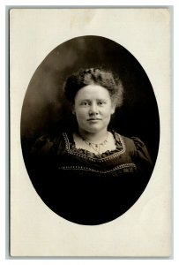 Vintage 1900's RPPC Postcard Studio Portrait of Well Dressed Woman- Name on Back