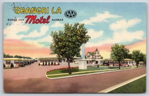 Roadside~Dodge City KS~Shangri-La Motel~Heated Garages~1956 Linen Postcard