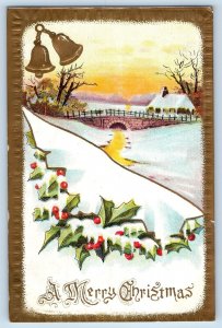 Christmas Postcard Ringing Bells Holly Berries Winter Scene Embossed 1915 Posted