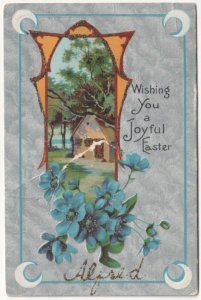 Wishing You A Joyful Easter, Blue Flowers, Rural Scene, Vintage Glitter Postcard