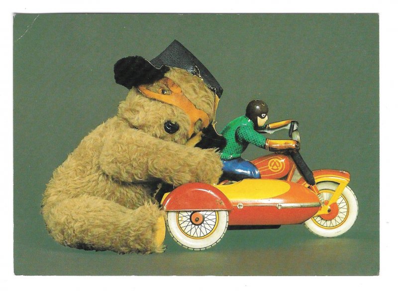 Biggles Stuffed Teddy Bear Toy Motorcycle1986 Caroline Irwin 4X6 Postcard