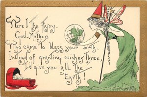 HBG Postcard Fairy God-Mother instead of 3 Wishes, Gives Baby All the Earth
