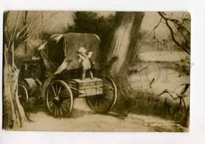 414953 Nude CUPID Angel on Carriage w/ Lovers STORK Vintage PC