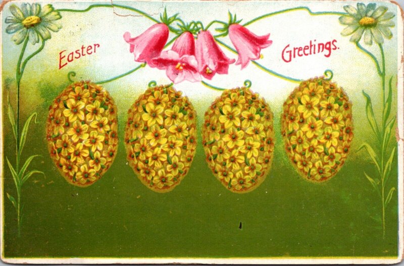 Easter Greetings Postcard Eggs Made From Yellow Flowers Daisy